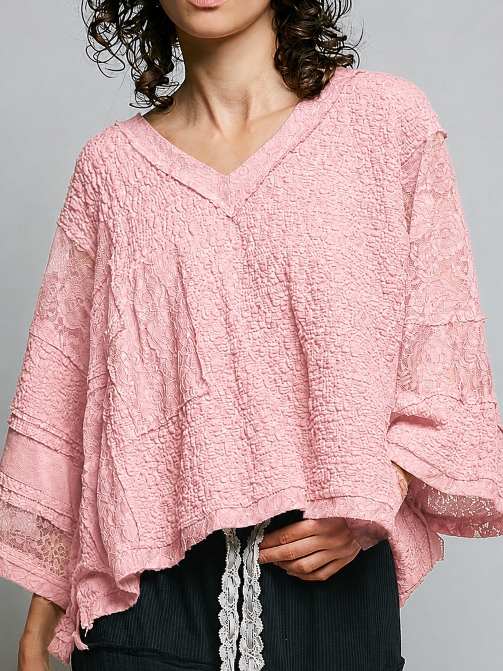 POL Pink Crinkle V-Neck Lace Sleeve Tunic